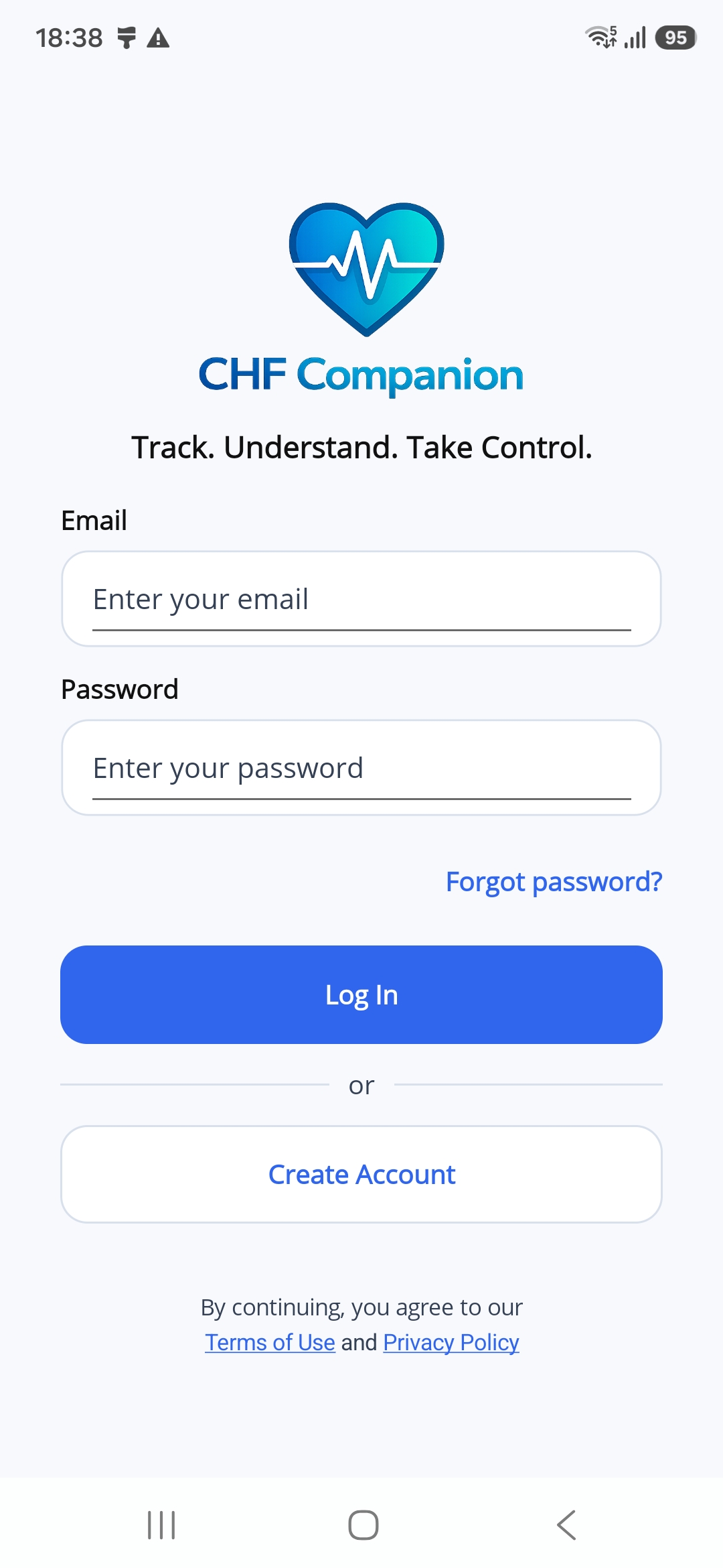 CHF Companion login screen with the Create Account button below Log In.